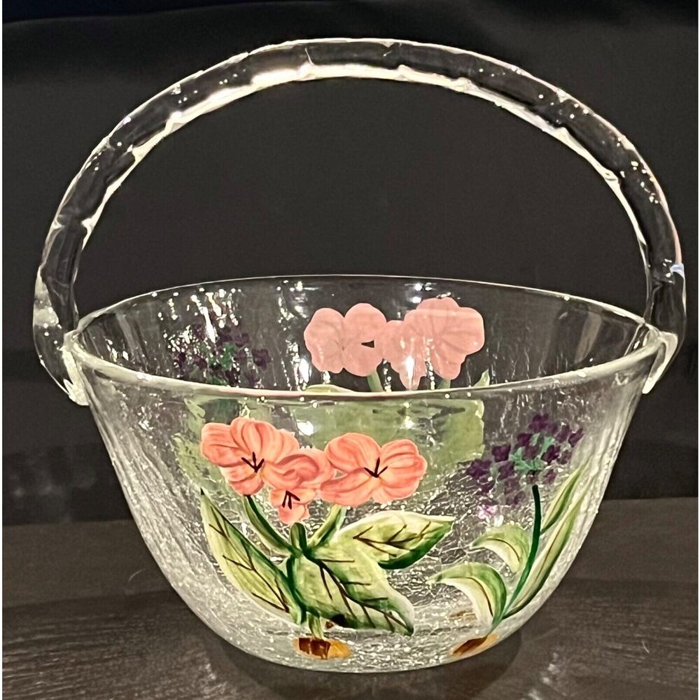 Fifth Avenue Glass Basket Hand Painted Floral Crackle Glass Easter Wedding Bowl